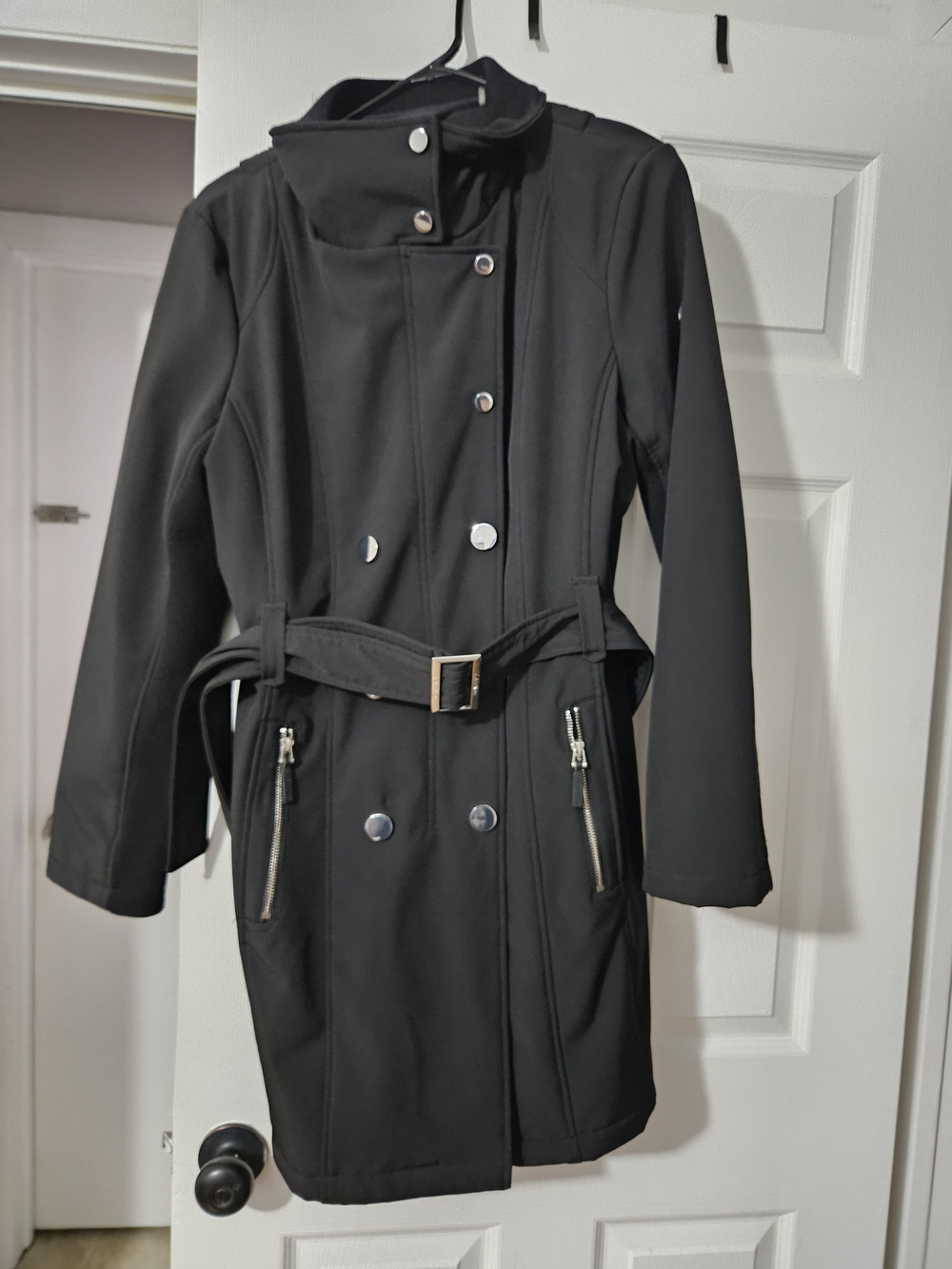 Calvin Klein Black Women's Double-Breasted Belted Trench Coat